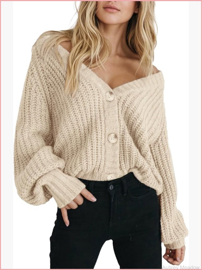 Chunky Cardigan V-Neck Open Front Sweater Long Sleeve Knit Button